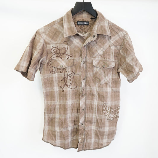 (S) Vintage Indigo Star Y2K Embroidered Western Pearl Snap Button Up Mens S Tan 2000