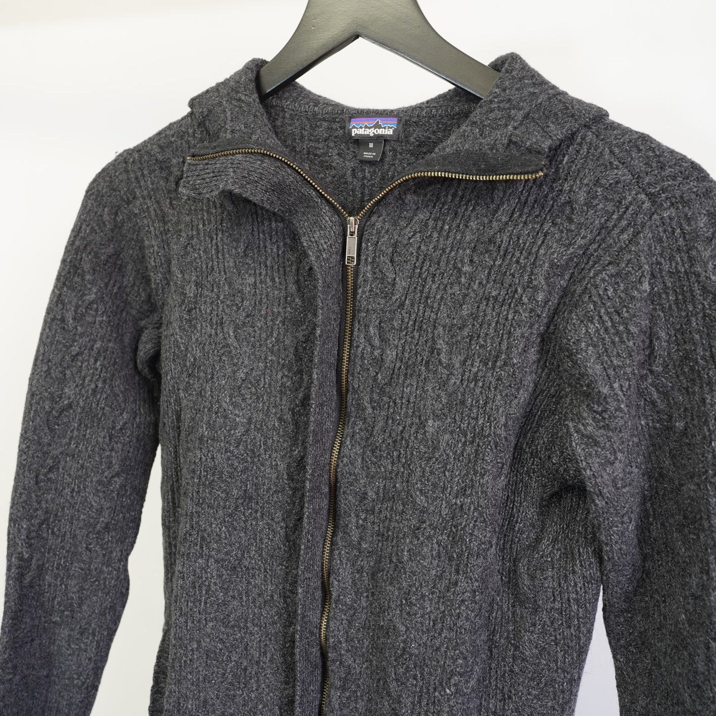 (Women's M) Patagonia Women's Merino Wool Cable-Knit Full-Zip Hooded Coat Sz M Gray Cottage
