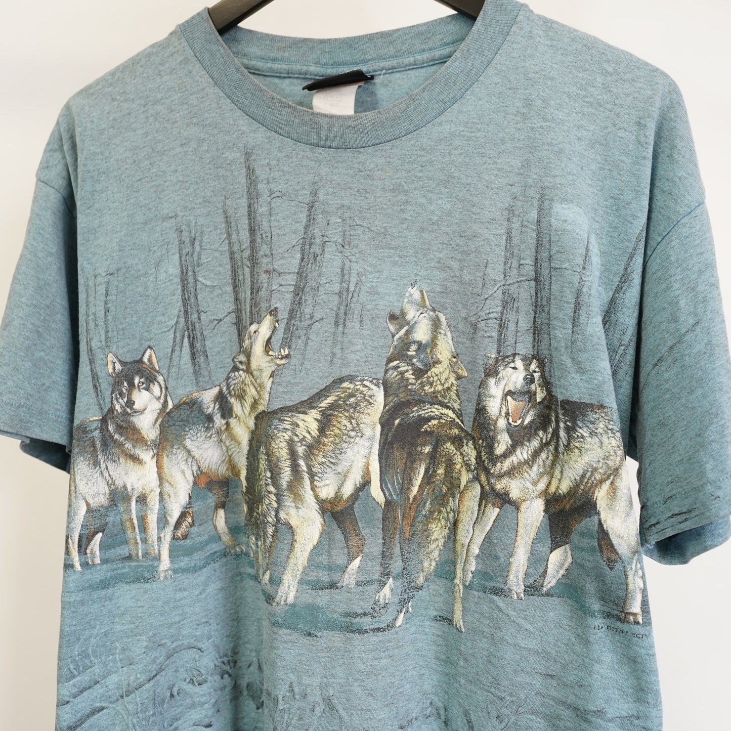 (L) Vintage Wolf Nature Wildlife 90s Signal Sport T-Shirt Mens L Blue All Over Print