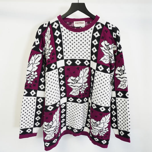 (Women's XL) Vintage Essentials Floral 90s Knit Sweater Women's XL Cottage White Purple Retro