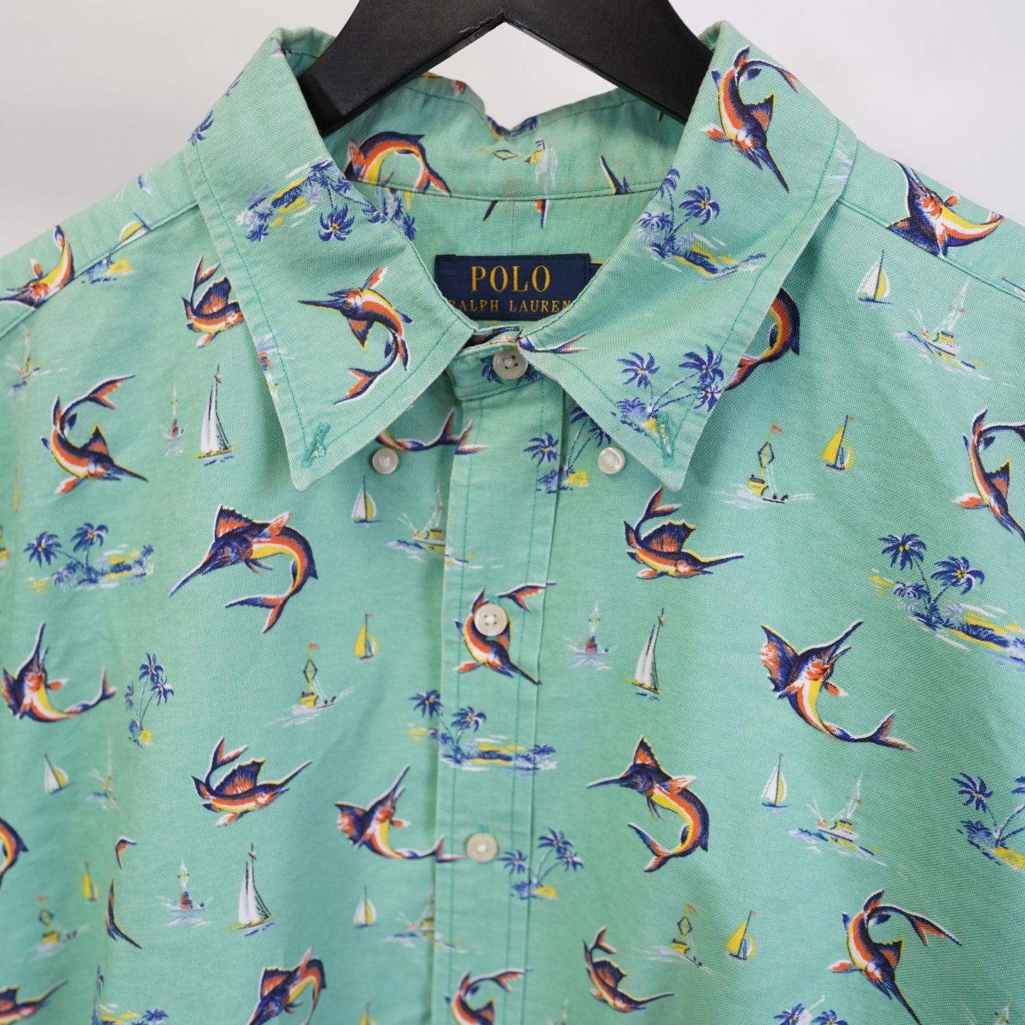 (XLT) Polo Ralph Lauren Marlin Hawaiian Button Up Men's XLT Turquoise Untucked Fish
