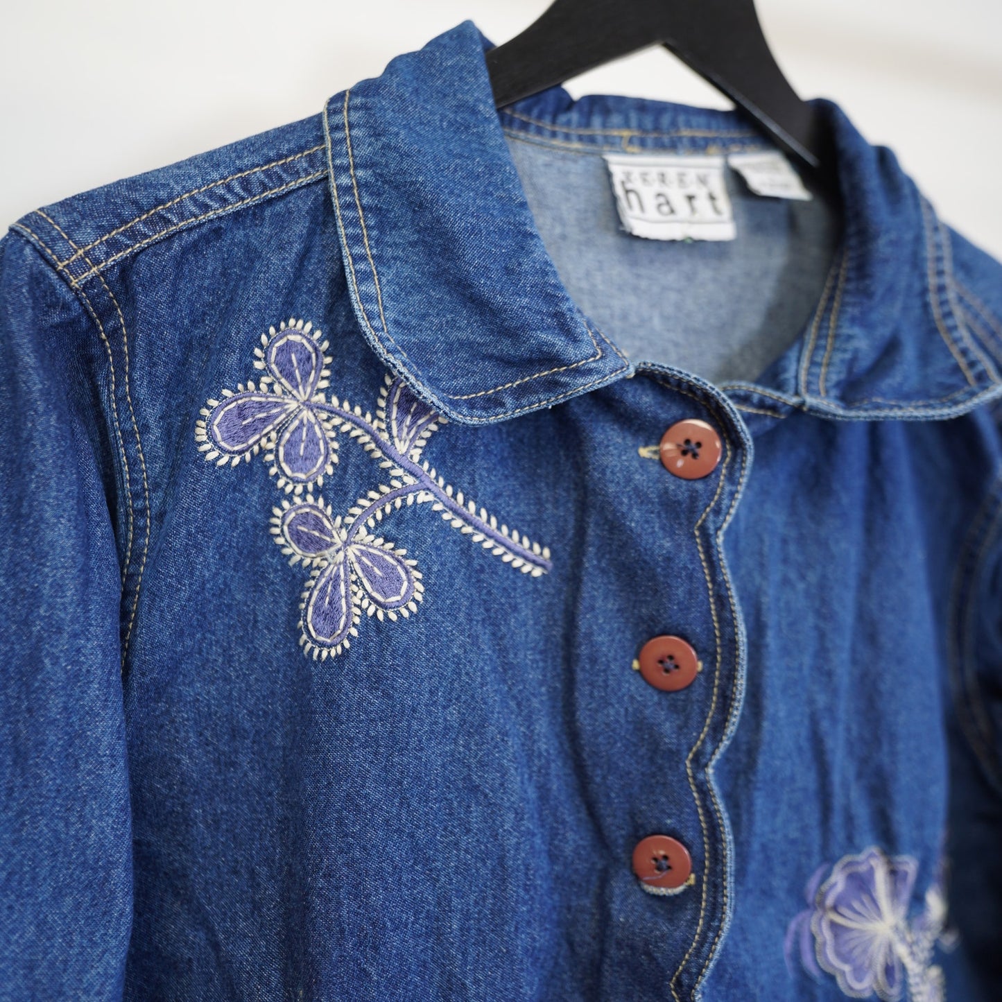 (Women's L) Vintage Floral Embroidered Denim Jacket Women's L Boho Y2K Cottage Flower Blue