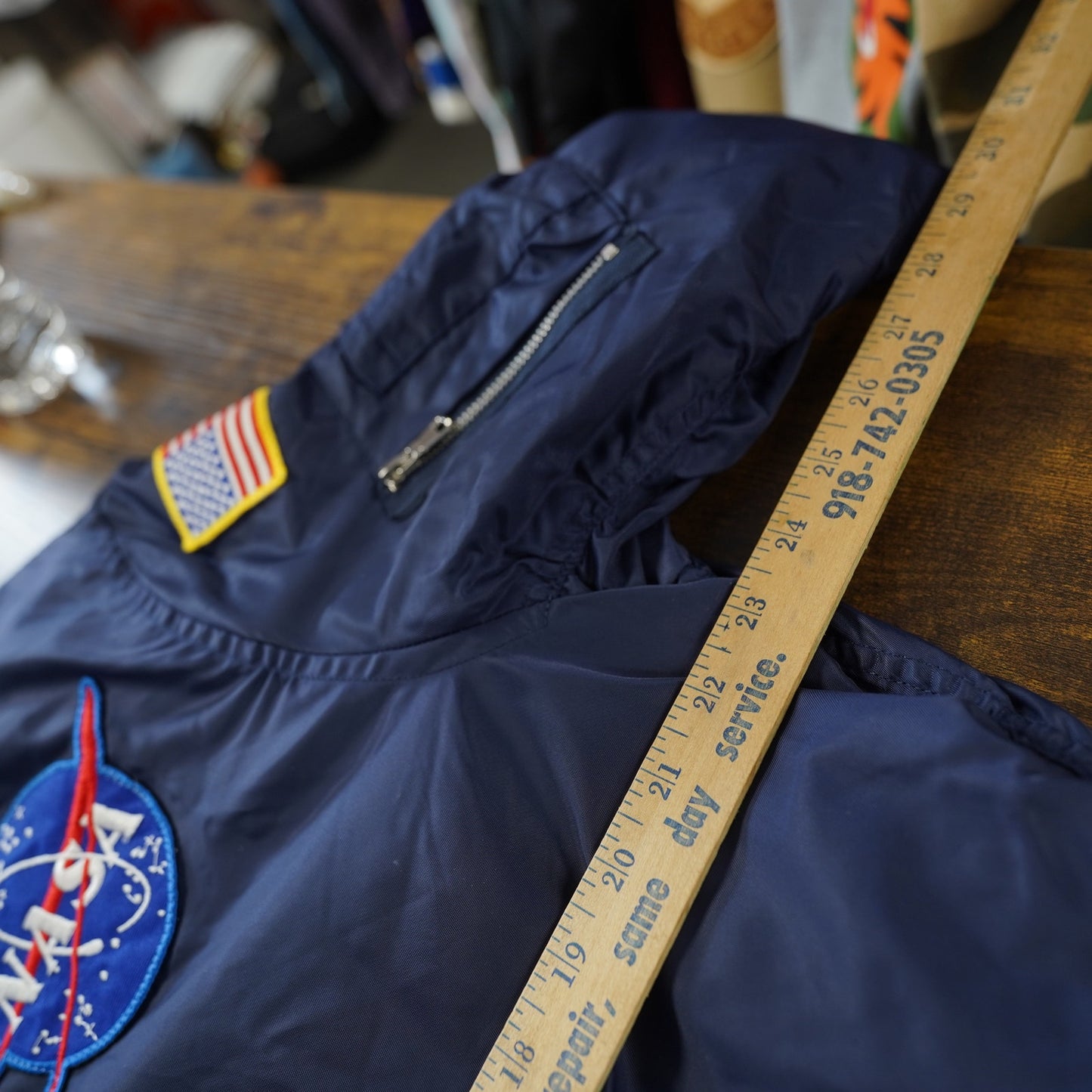 (M) NASA Flight Bomber Jacket Sewn Patch Adult Size Medium Blue Orange Up and Away
