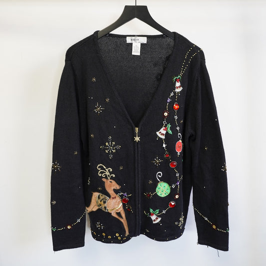 (Women's XL) Vintage Crazy Christmas Cardigan Knit Sweater Women's XL Black Full Zip Crotchet