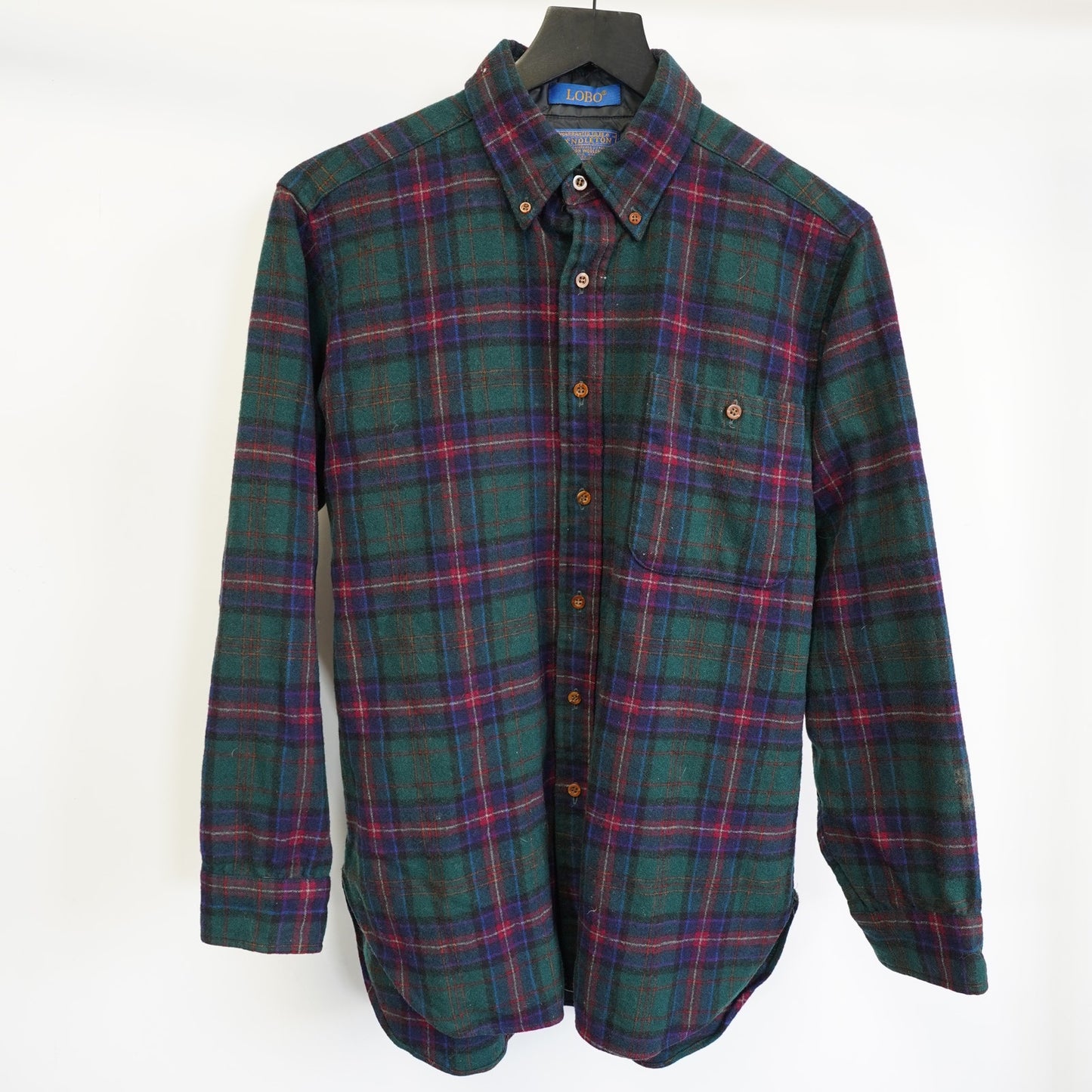 (M) Vintage Pendelton Lobo Plaid 100% Wool Button Up Men's M Green Blue Tartan