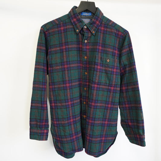 (M) Vintage Pendelton Lobo Plaid 100% Wool Button Up Men's M Green Blue Tartan