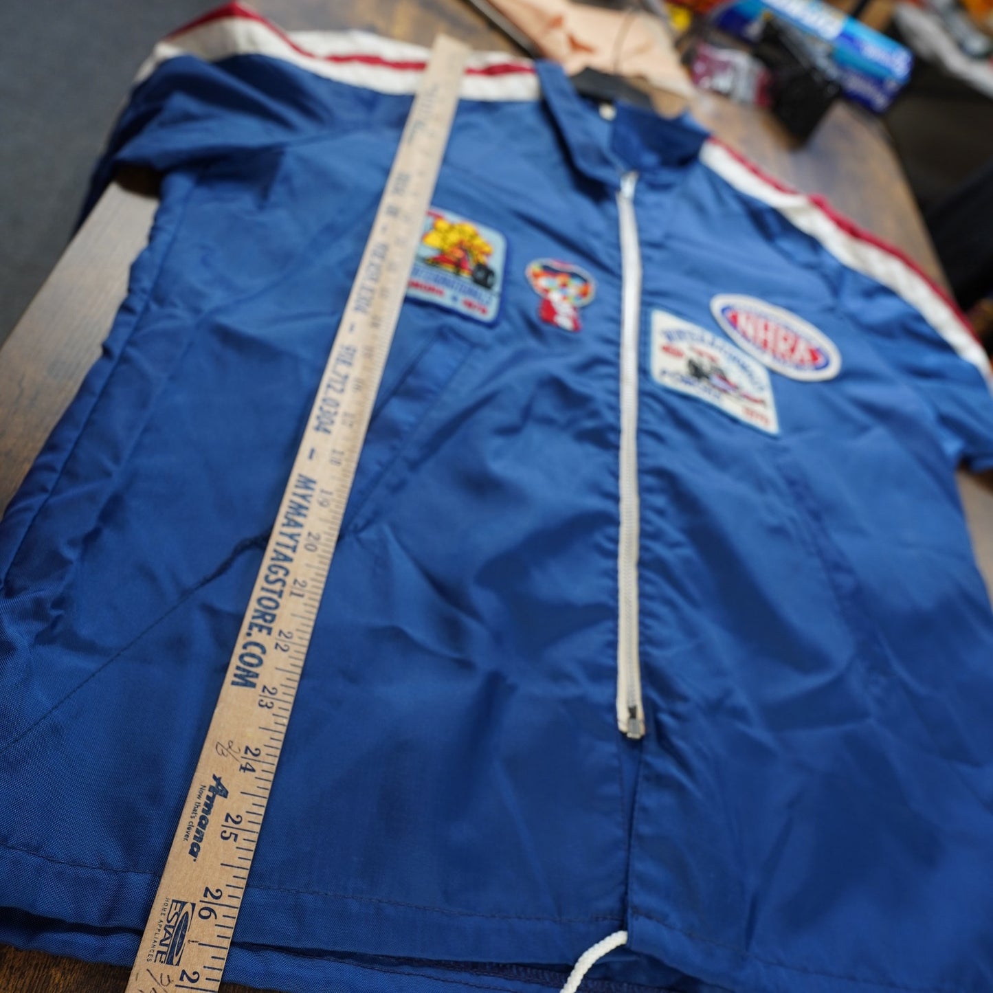 (M) True Vintage NHRA Drag Racing Beer Patchwork Motorcycle Jacket Men's M Blue 70s