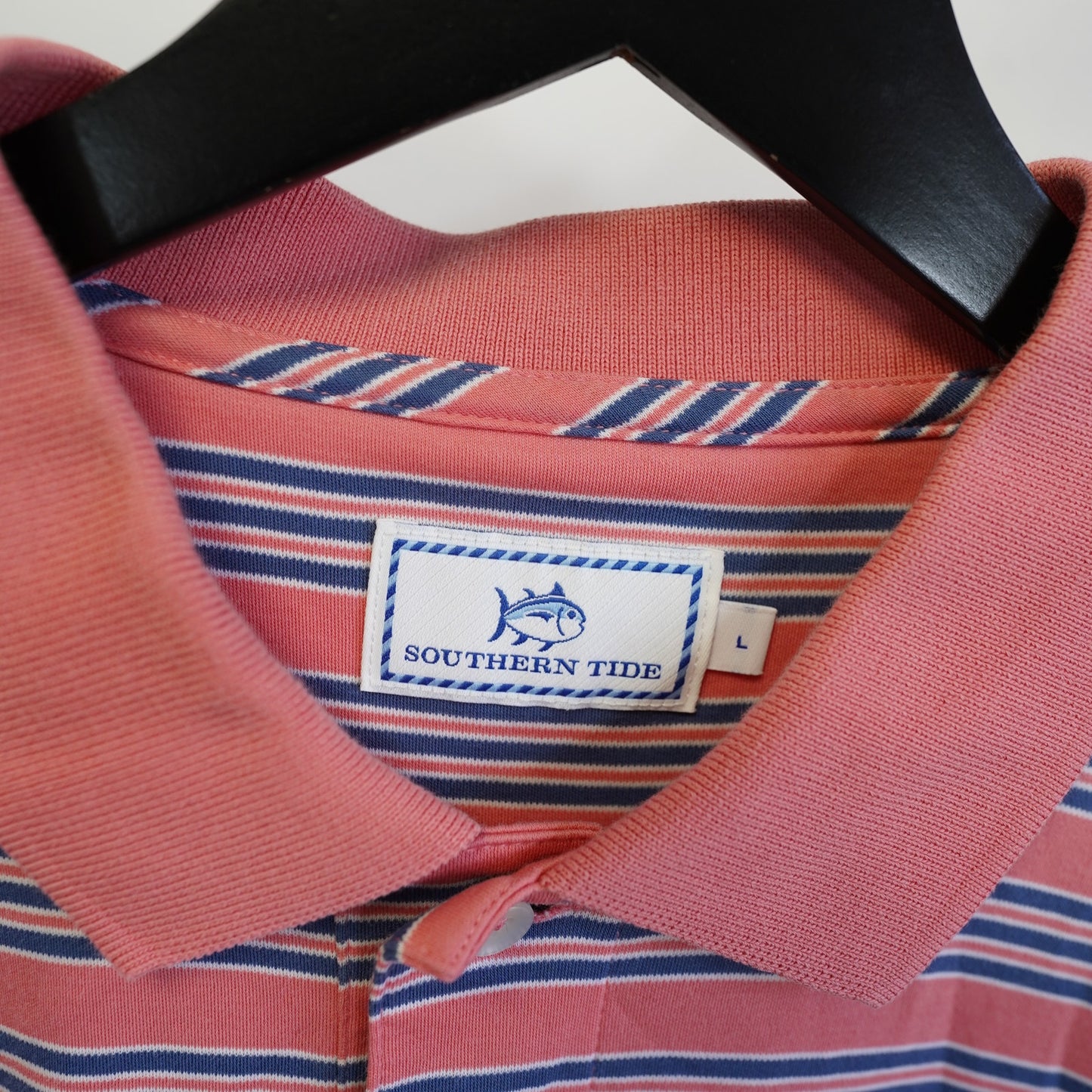 (L) Southern Tide Classic Fit Striped Golf Shirt Men's L Pink Blue Fish Preppy