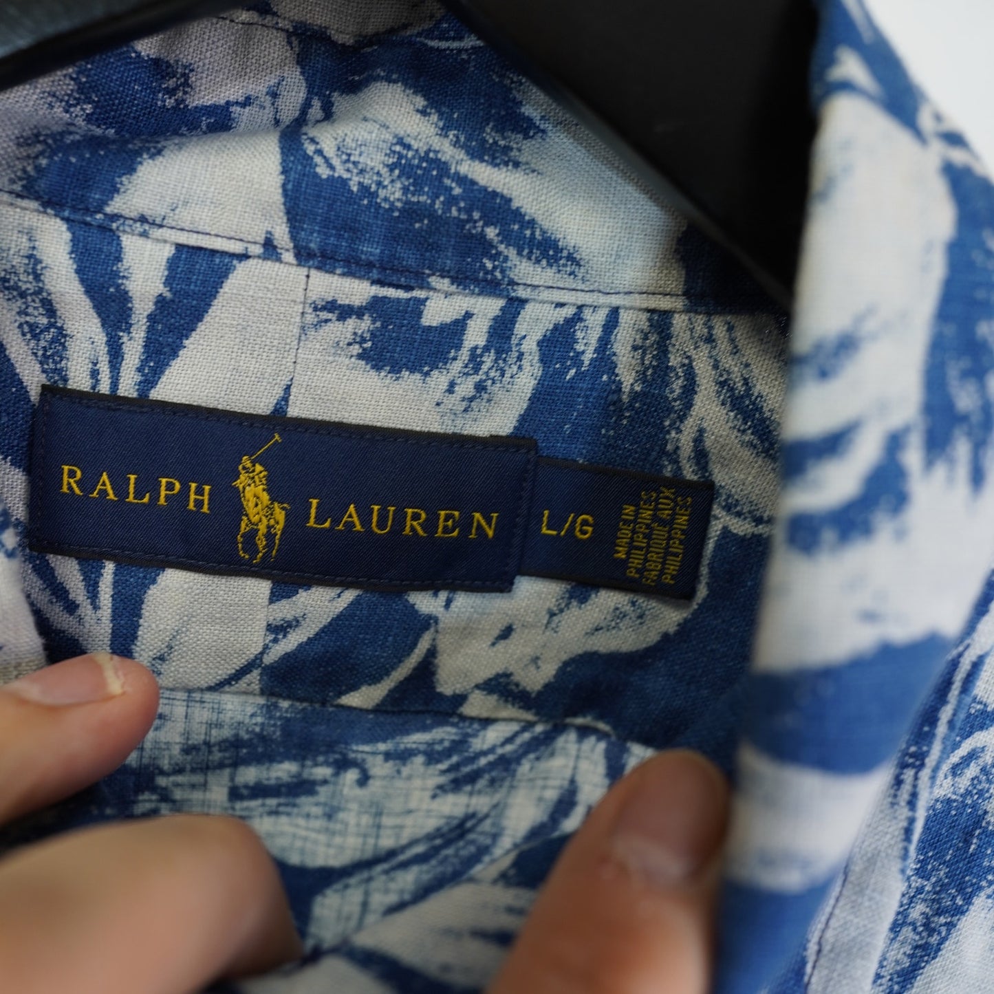 (L) Polo Ralph Lauren 100% Line Floral Popover Hawaiian Shirt Men's L Blue White