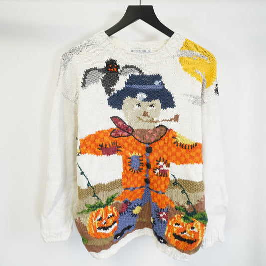 (L) Vintage Fall Halloween Scarecrow Heavy Knit Sweater Women's L Orange Festive