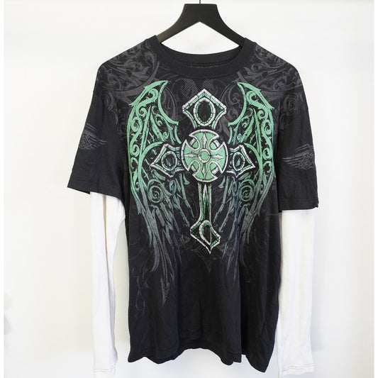 (XL) MMA Elite Vintage Y2K Longsleeve Cross 2000s T-Shirt Men's XL Black Green