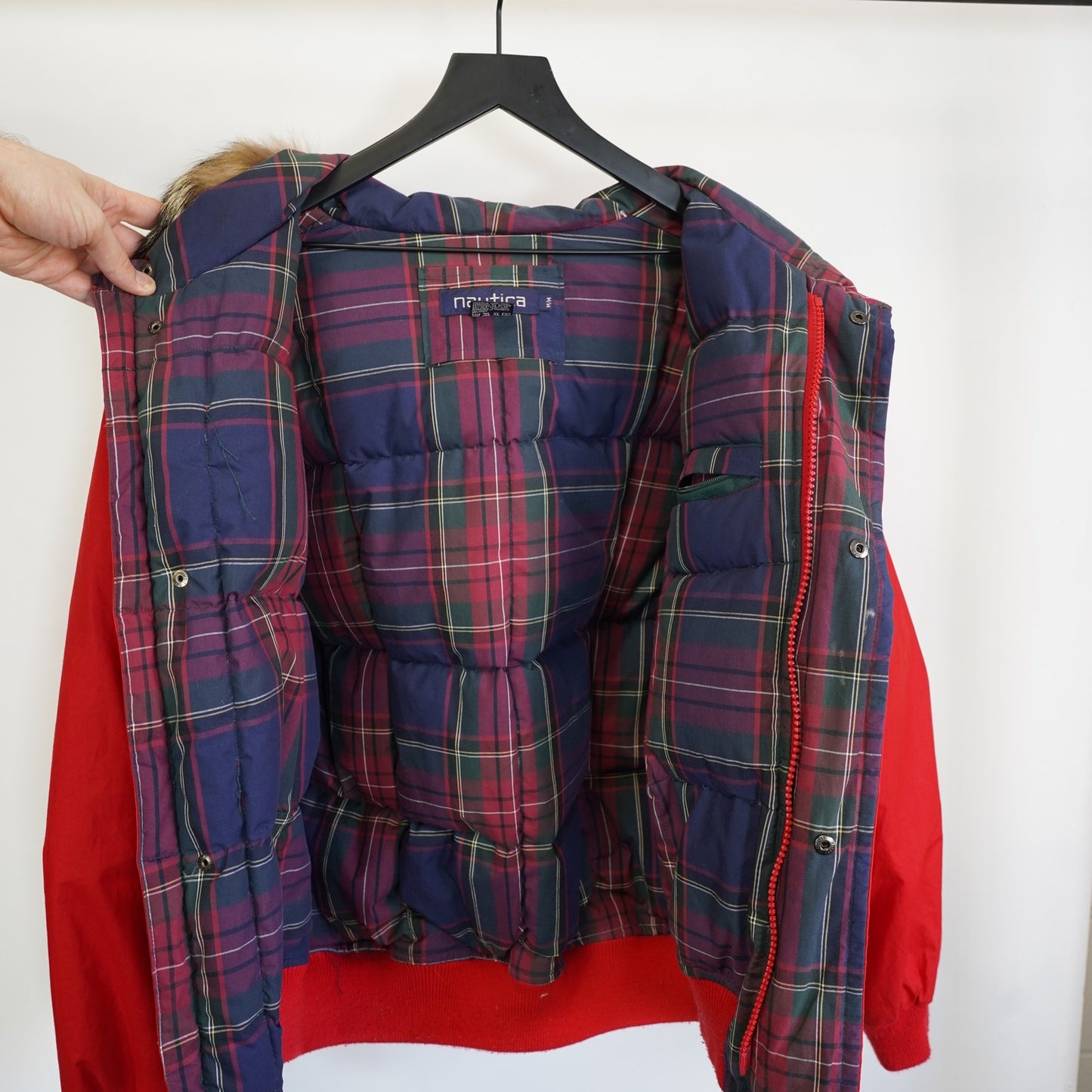 (M) Vintage 90s Nautica Plaid Lined Red Bomber Puffer Jacket Men's M Fur Hood Preppy