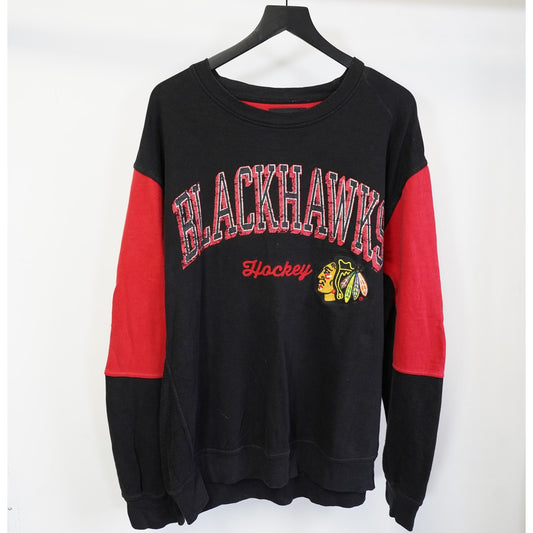 (XL) Chicago Blackhawks Sewn NHL Hockey Sweatshirt Men's XL Black Red Retro Crewneck