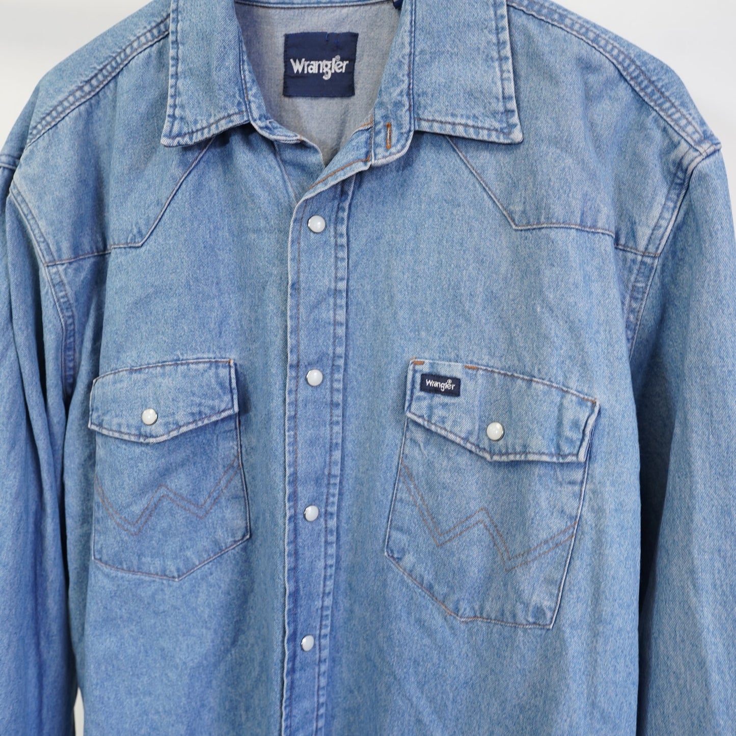 (XL) Vintage Wrangler Western Denim Pearl Snap Button Up Men's XL Blue 90s Indie