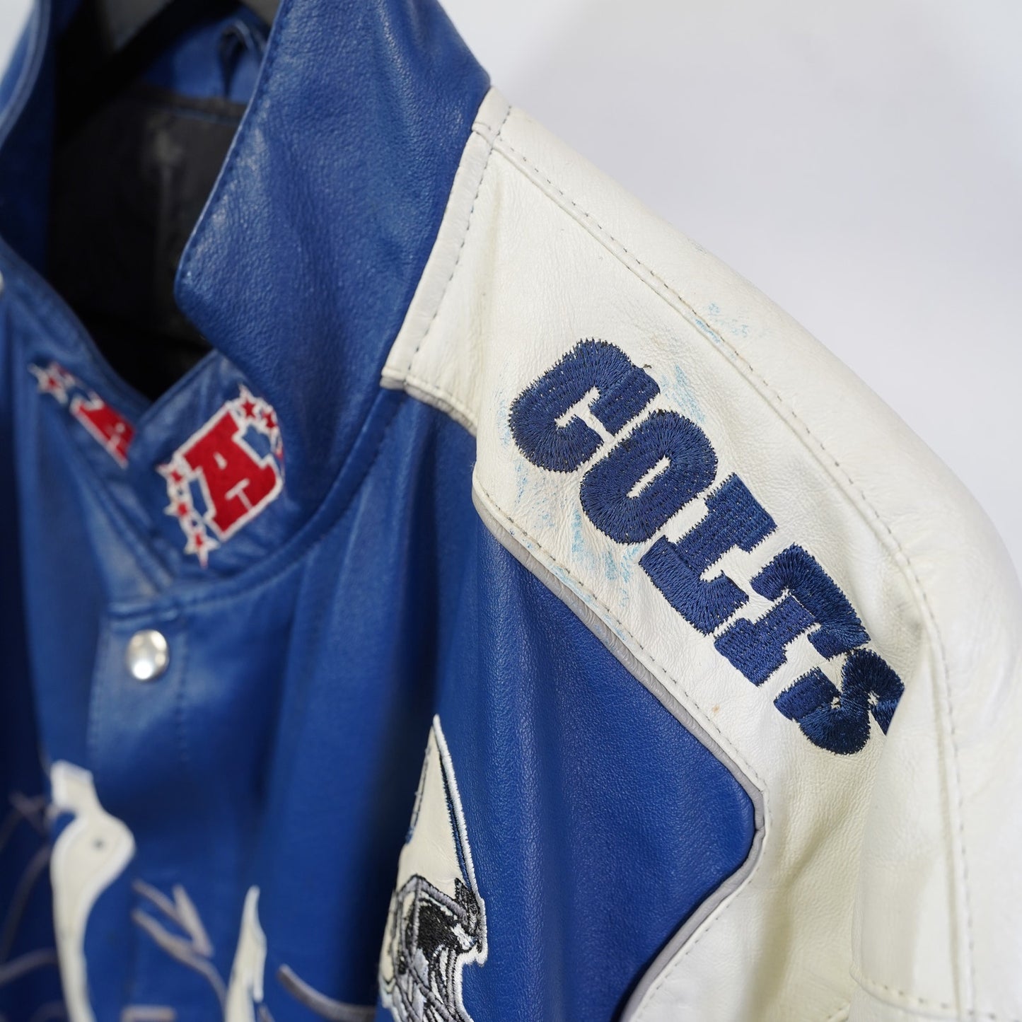 (3XL) Vintage Indianapolis Colts Leather Jacket Sewn Patches Mens 3XL Blue G-III 2000s