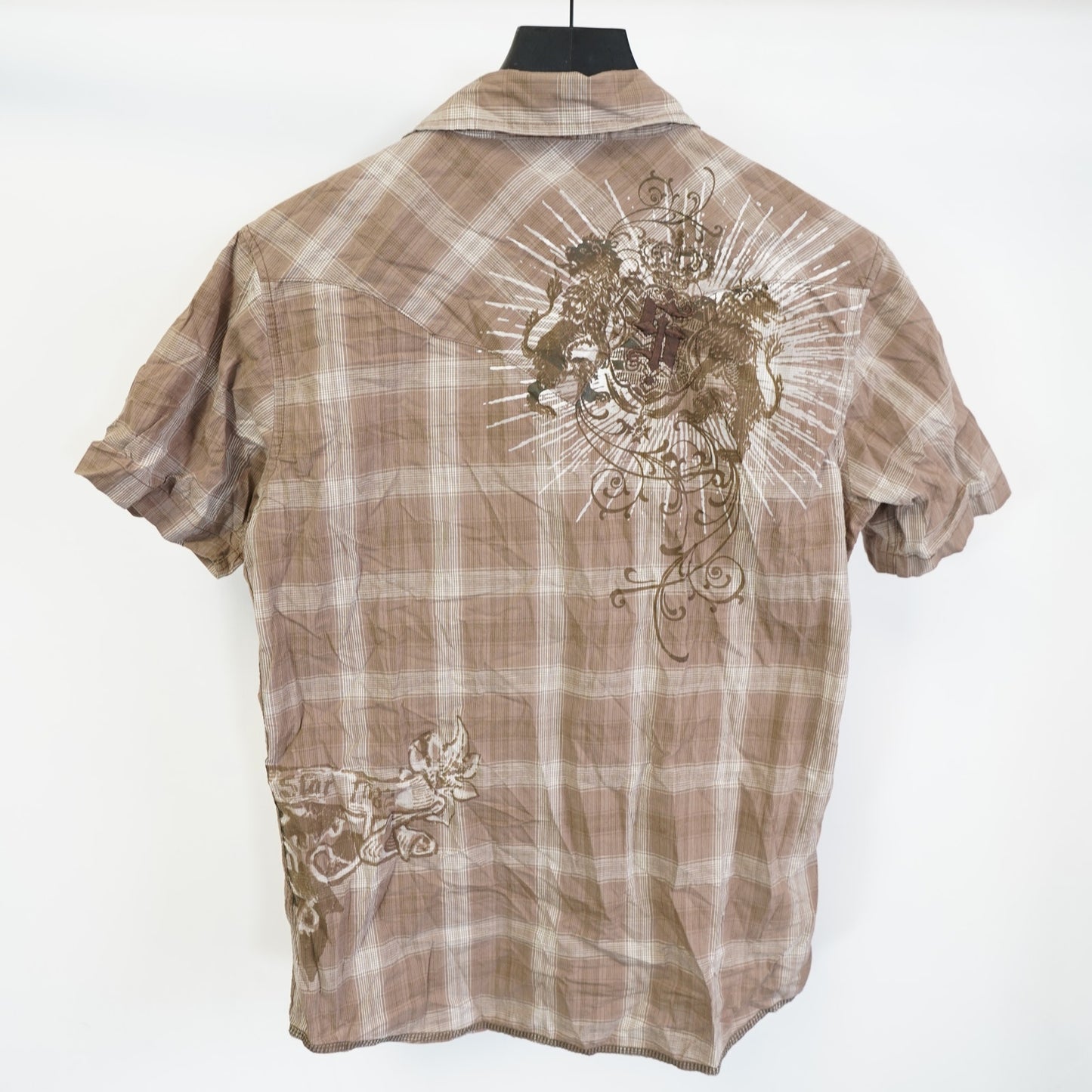 (S) Vintage Indigo Star Y2K Embroidered Western Pearl Snap Button Up Mens S Tan 2000