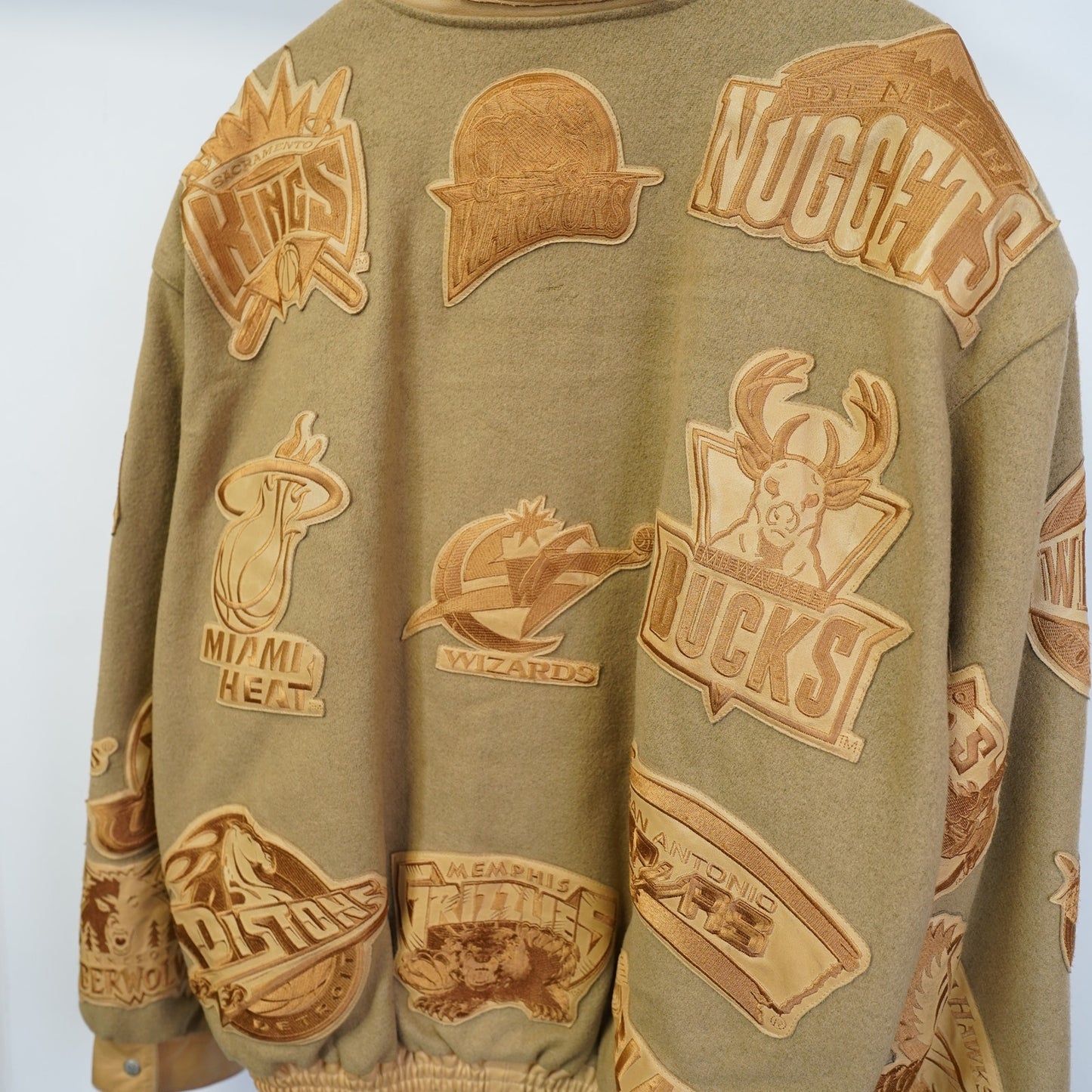 (5XL) Vintage Jeff Hamilton NBA Logo Patch Leather Jacket Men's Tan Wool Hip Hop