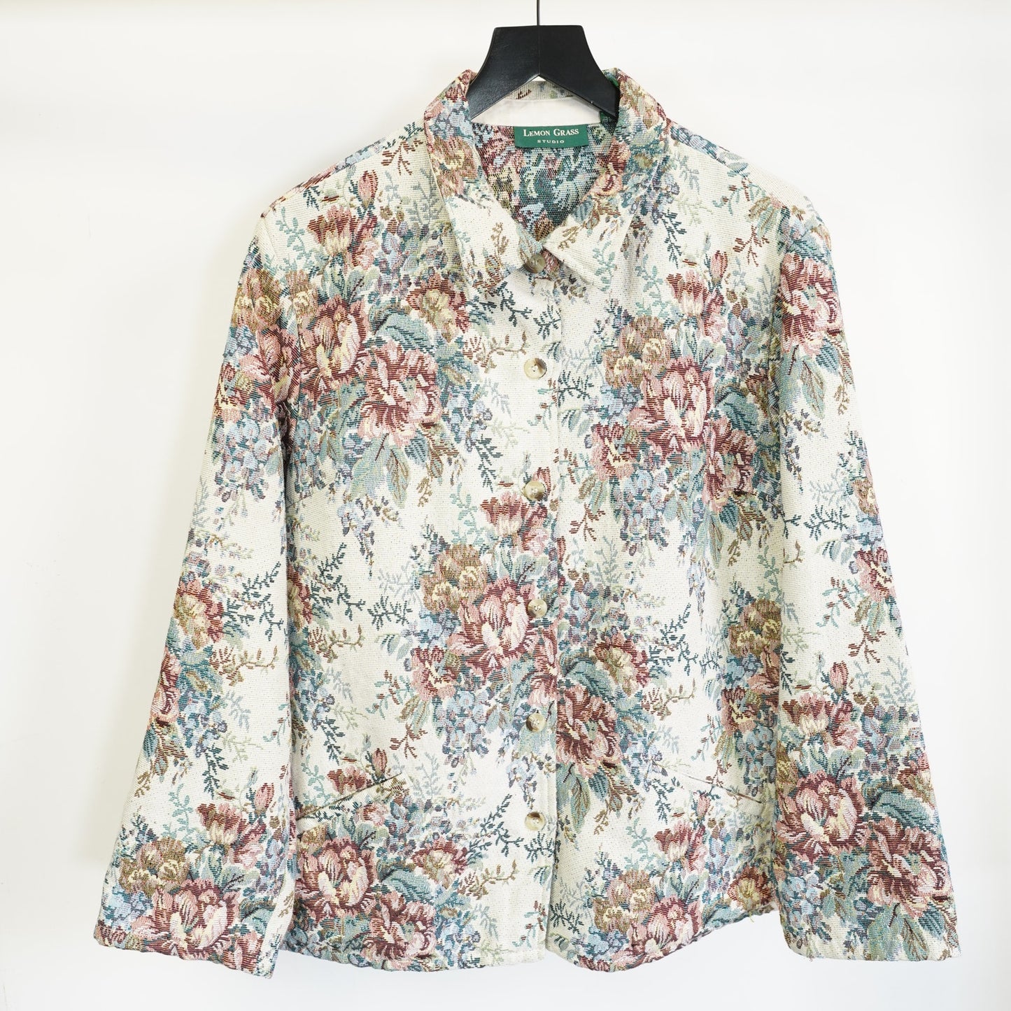 (Women's XL) Vintage Lemon Grass Studio Floral Tapestry Jacket Women's XL Tan Cottage Coat