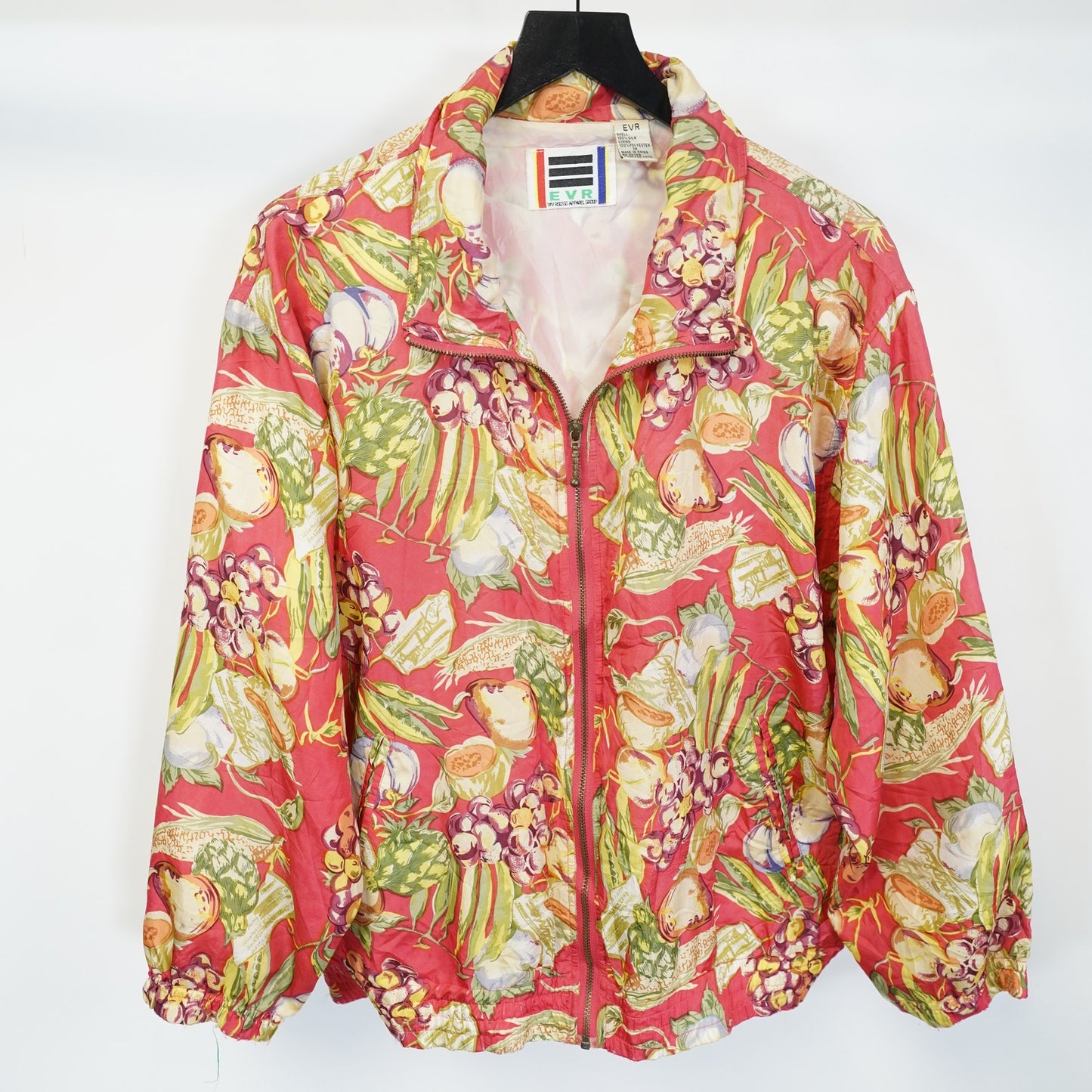 Vintage Tropical Floral Fruit Print EVR Silk Jacket Women's L Pink 90s Hawaiian