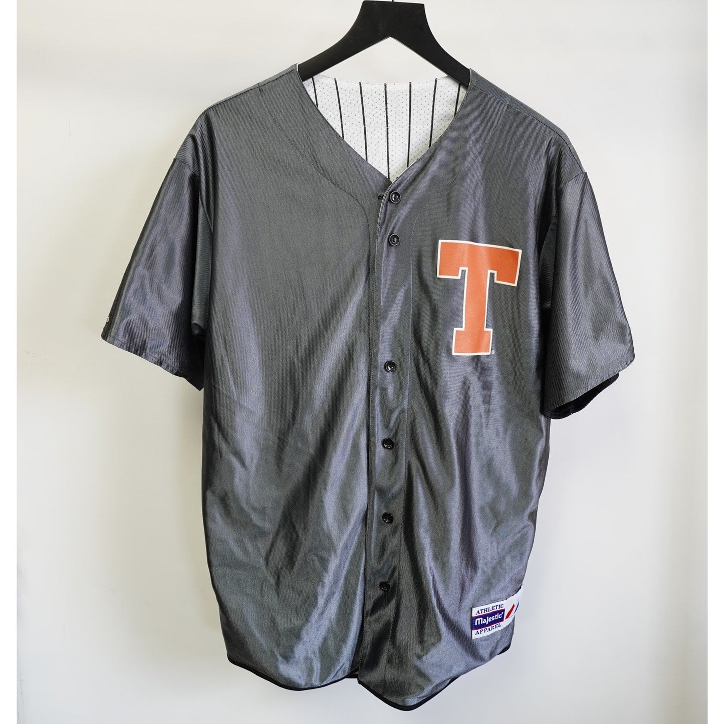 (L) Texas Longhorns Reversible Majestic Baseball Jersey Men's L Pinstripe White 90s