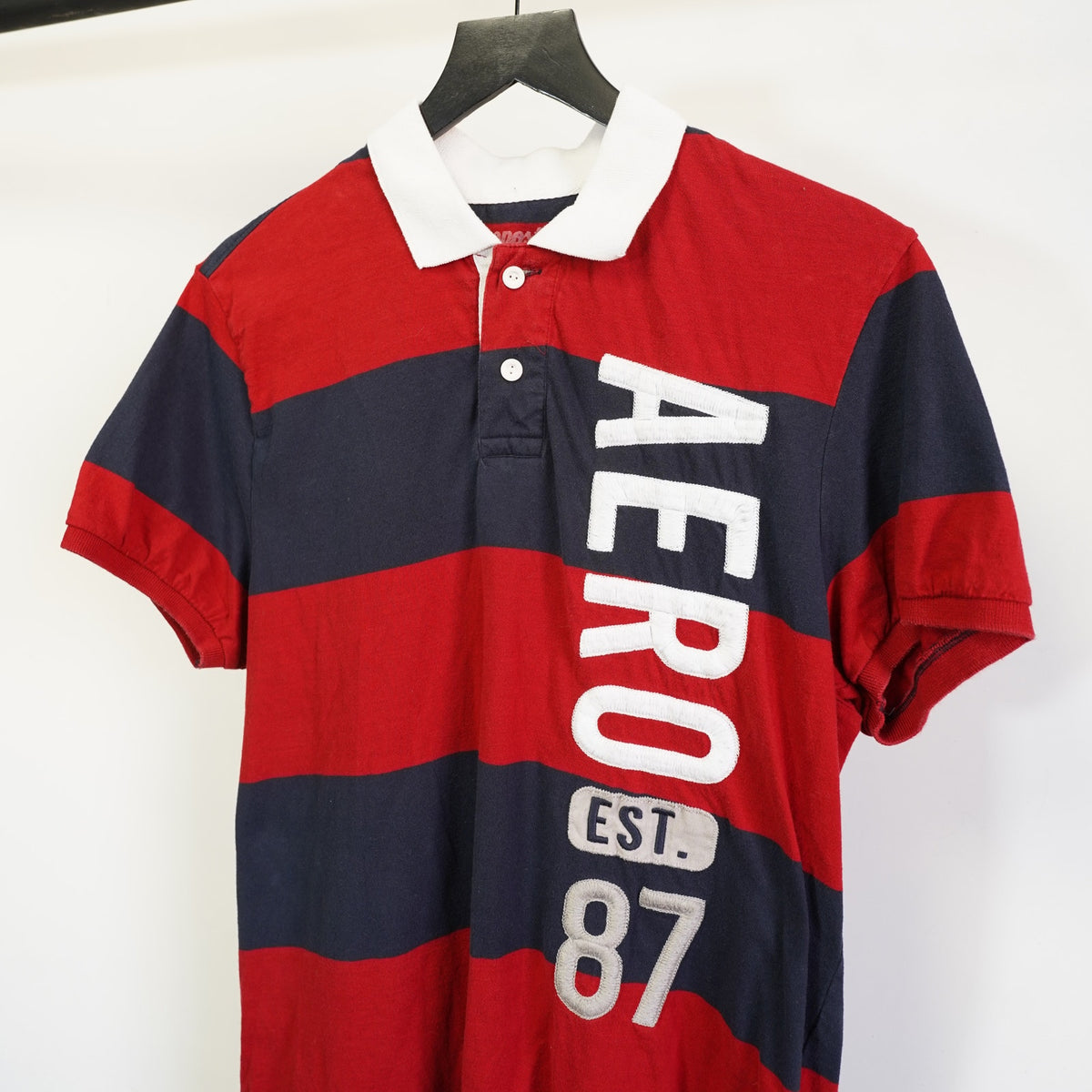 (L) Aeropostale Y2K Embroidered Striped Polo Shirt Men's L Red Blue Stripe Sewn 2000