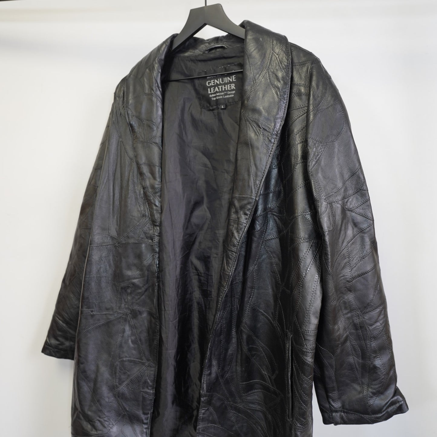 (L) Vintage Lambskin Genuine Leather Italian Mosaic Maxam Trench Coat Men's L Black