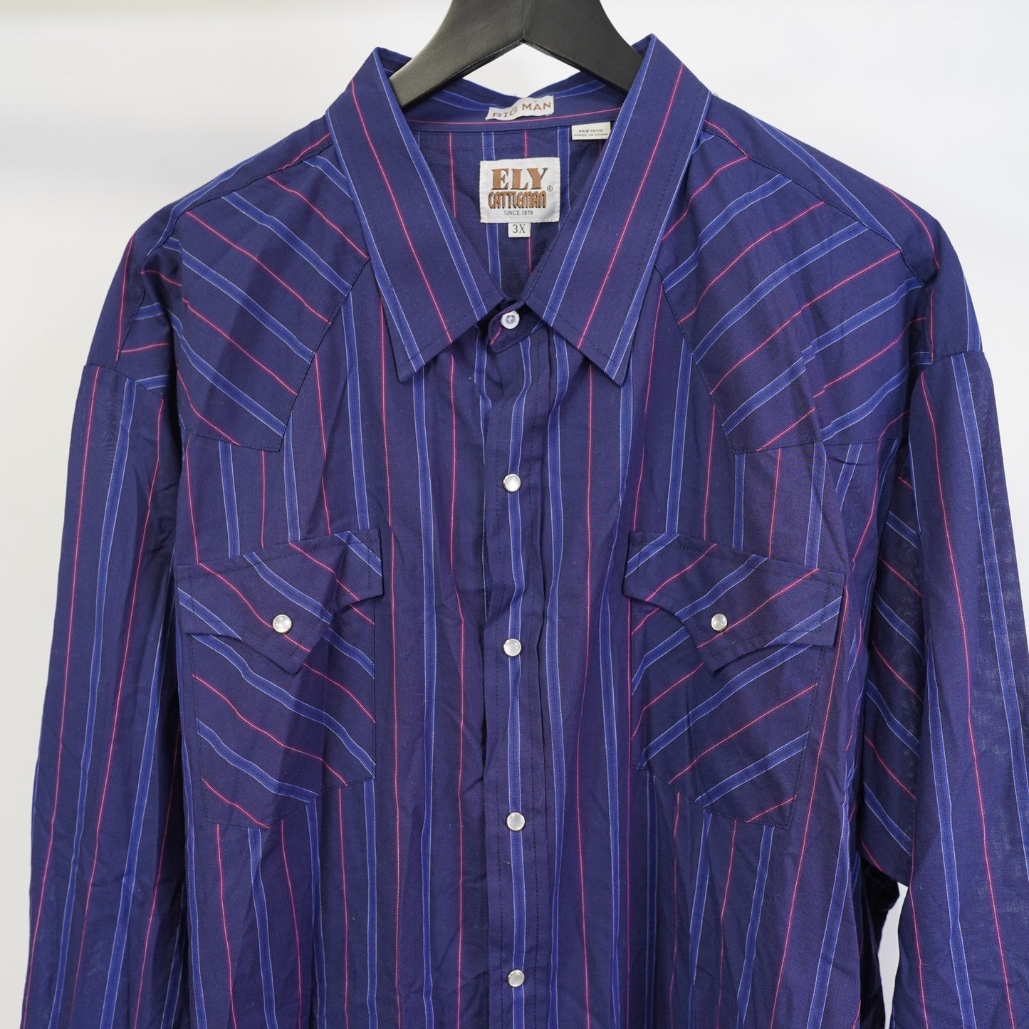 (3XL) Vintage Ely Cattleman Western Pearl Snap Button Up Mens 3XL Blue Striped Big Man