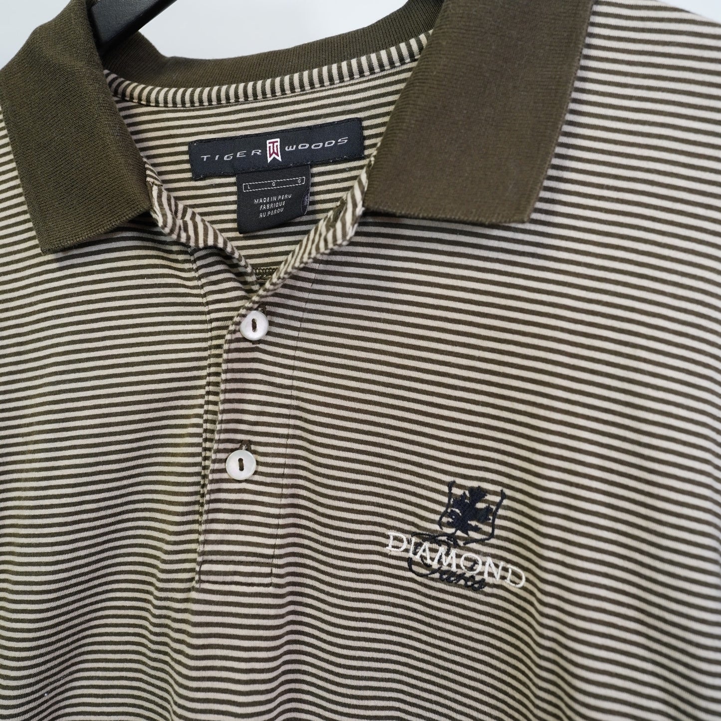 (L) Vintage Tiger Woods Nike Striped Golf Polo Shirt Men's L Brown Tan Preppy