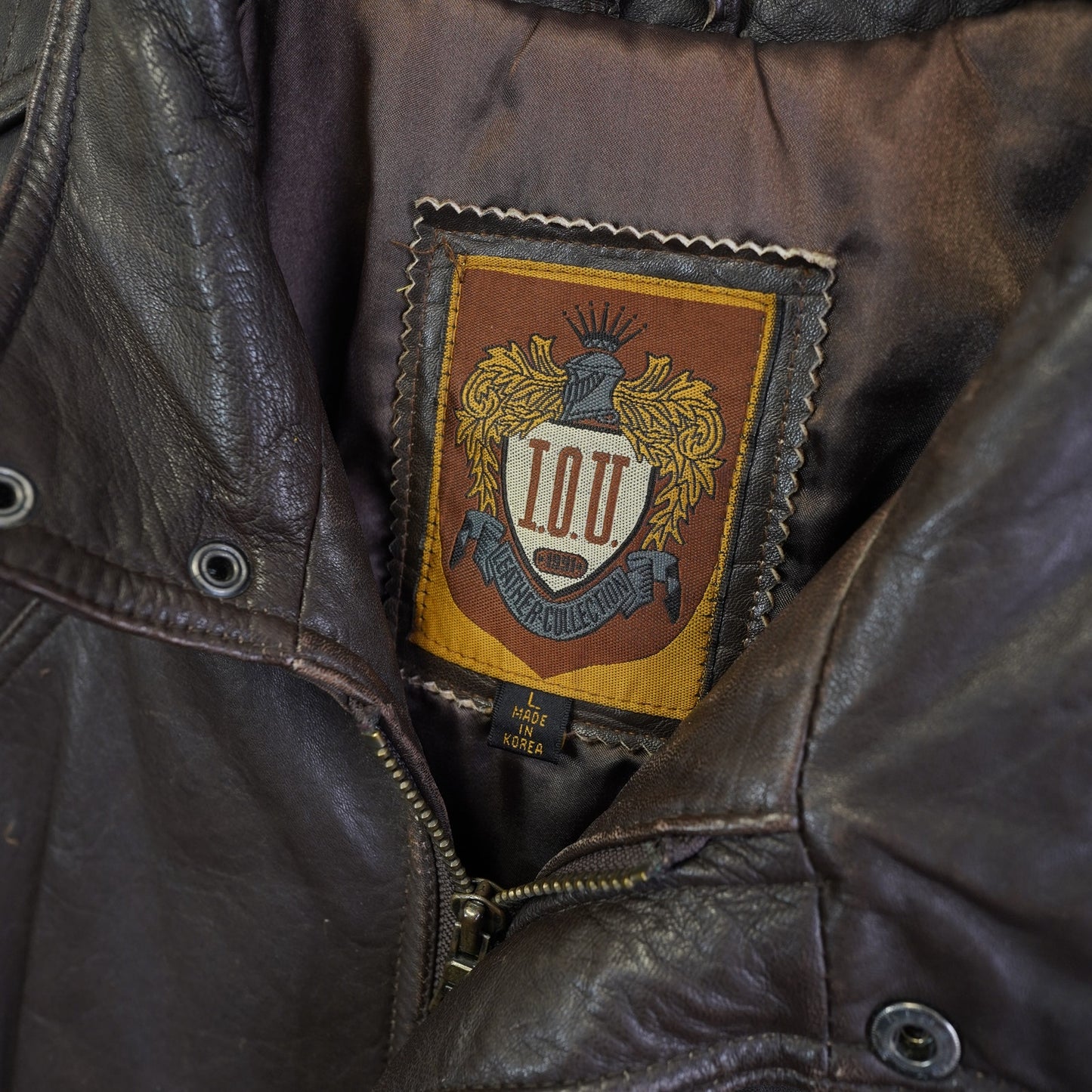 (L) Vintage IOU Leather Bomber Flight Jacket Men's L Brown 90s Aviator Retro
