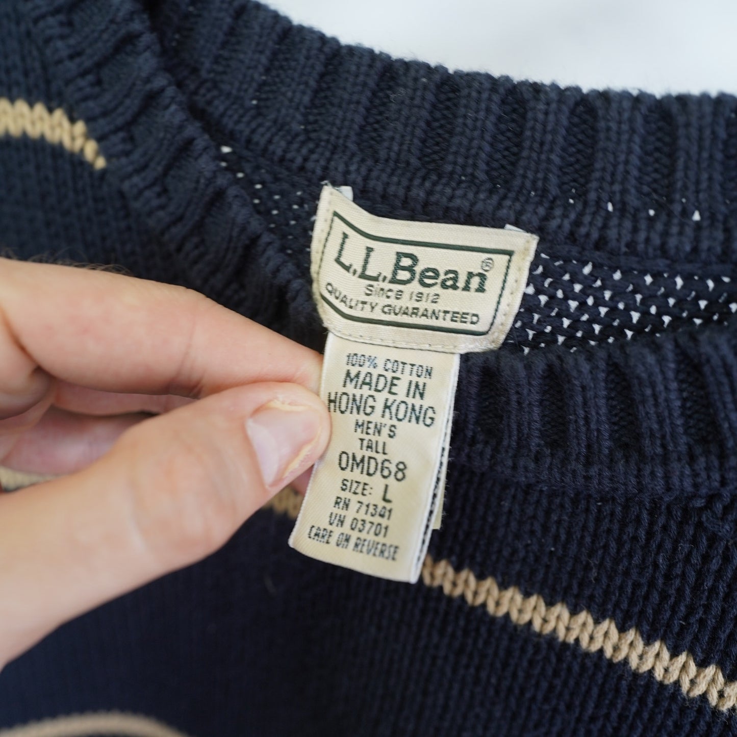 (L) Vintage L.L. Bean Striped Heavy Knit Sweater Men's L 90s Navy Blue Tan