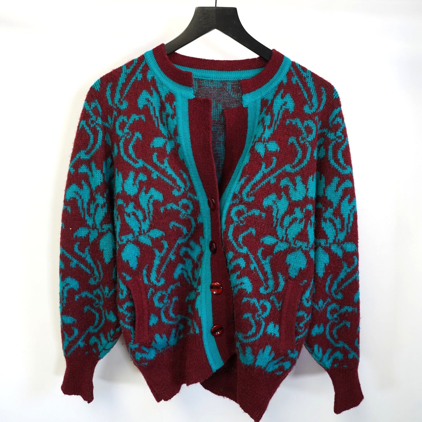 (Women's L) Vintage Illustrations Wool Floral Knit Cardigan Paisley Teal Red