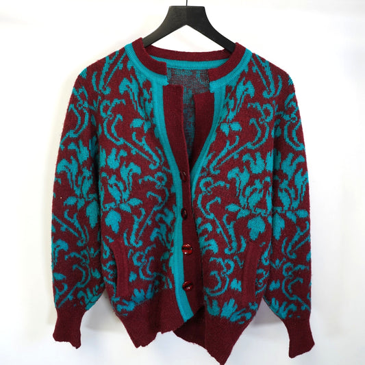 (Women's L) Vintage Illustrations Wool Floral Knit Cardigan Paisley Teal Red