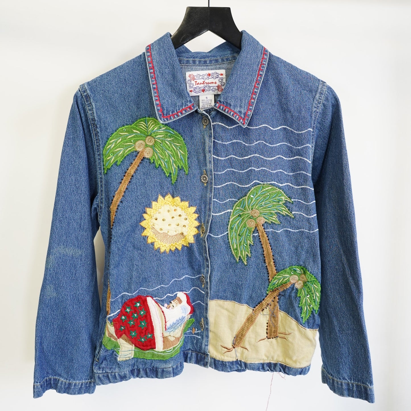(S) Vintage Christmas Embroidered Santa Denim Jacket Tropical Women's S Tantrums