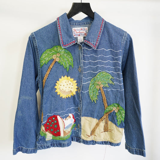 (S) Vintage Christmas Embroidered Santa Denim Jacket Tropical Women's S Tantrums