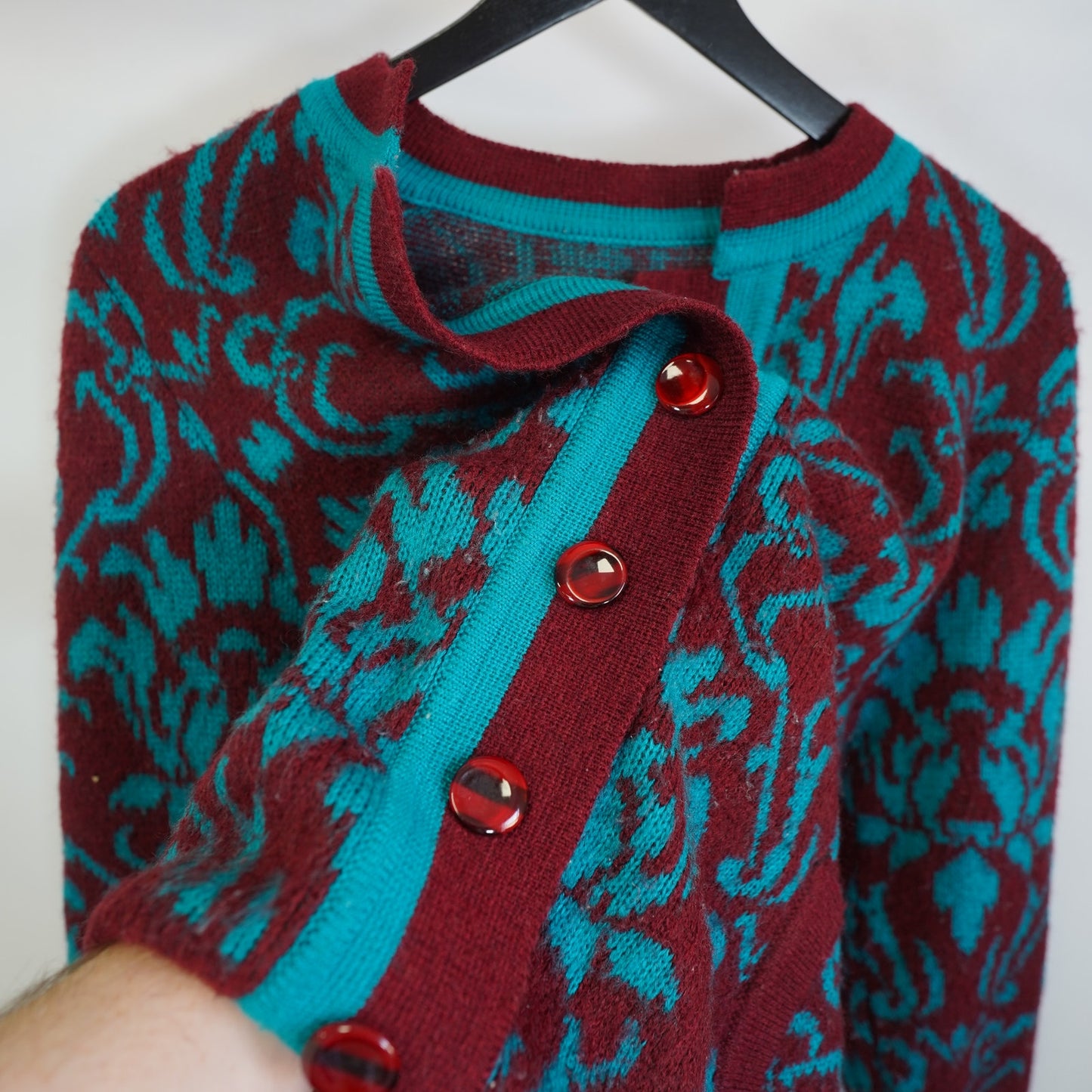 (Women's L) Vintage Illustrations Wool Floral Knit Cardigan Paisley Teal Red