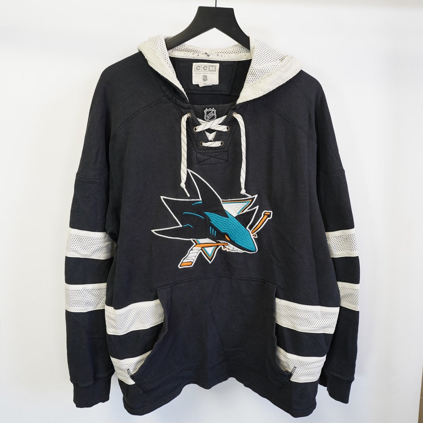 (XL) San Jose Sharks CCM Sewn Hockey Jersey Hoodie Men's XL Black White Retro