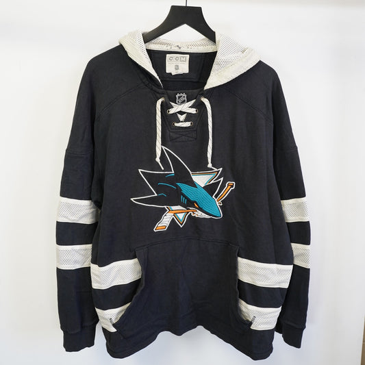 (XL) San Jose Sharks CCM Sewn Hockey Jersey Hoodie Men's XL Black White Retro