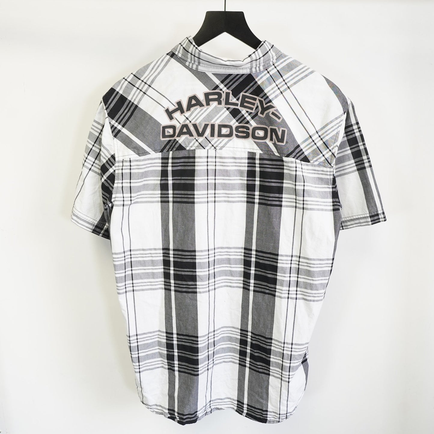 (L) Harley Davidson Motorcycles Plaid Biker Work Shirt Men's L Embroidered White