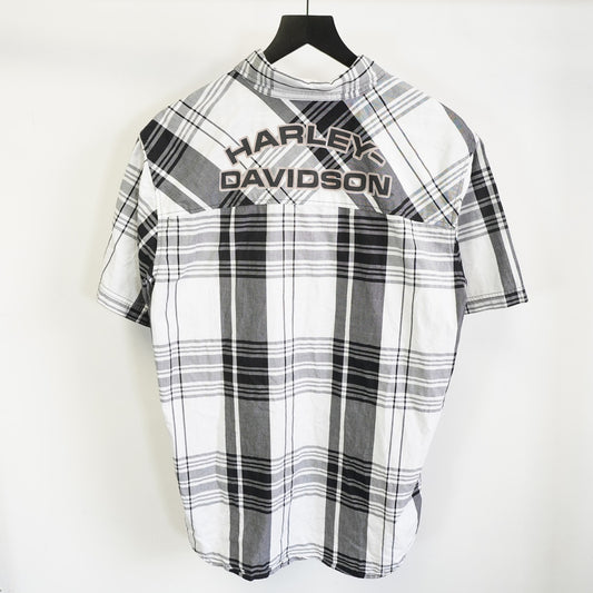 (L) Harley Davidson Motorcycles Plaid Biker Work Shirt Men's L Embroidered White