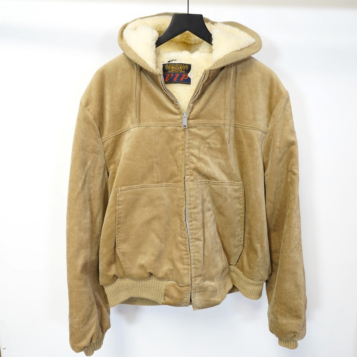 (XL) True Vintage VIP Sherpa Lined Hooded Bomber Jacket Men's XL Tan Cream Casual