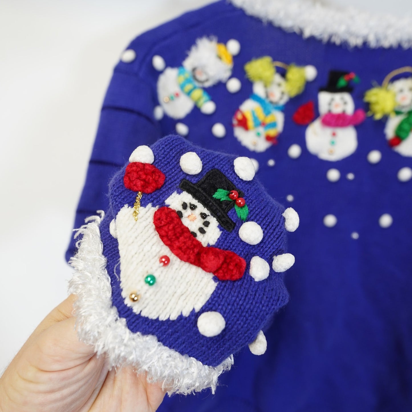 (M) Vintage Crazy Christmas Sweater Knit Cardigan Women's M Snowman Frosty Blue Xmas