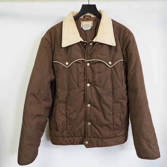 (XL) Vintage 70s Supreme Western Puffer Jacket Men's XL Cowboy Ranch Coat Brown