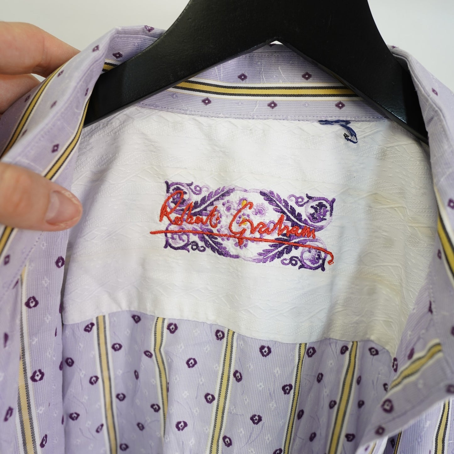 (XXL) Robert Graham Button Up Shirt Men's XXL Floral Flip Cuff Preppy Purple Stripes