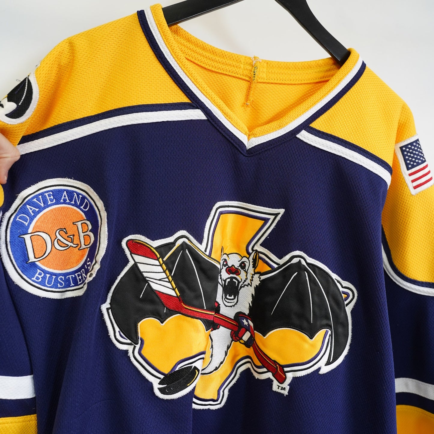 (XL) Vintage Austin Ice Bats Sewn AK Hockey Jersey Men's XL 2002-2003 Blue Yellow