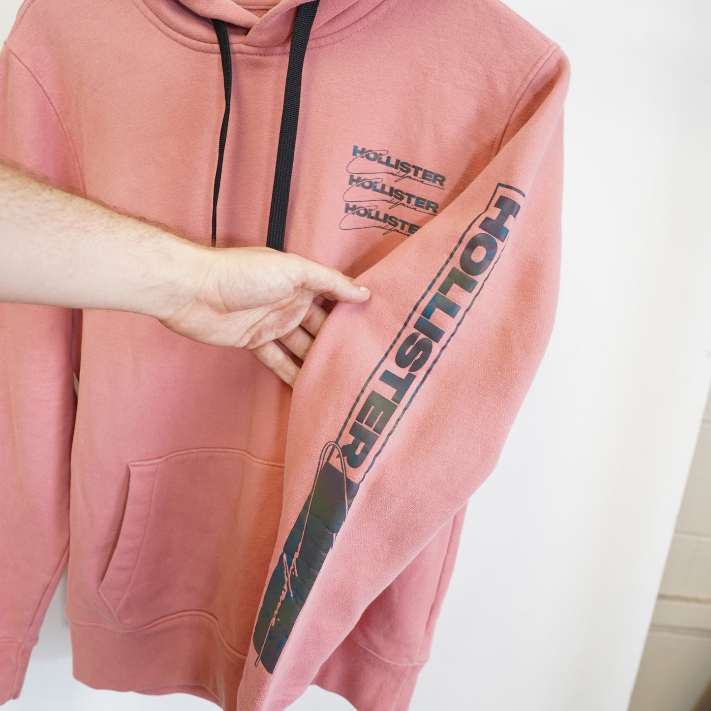 (M) Hollister Co. 3M Reflective Light Pink Pullover Hoodie Men's M Y2K Streetwear