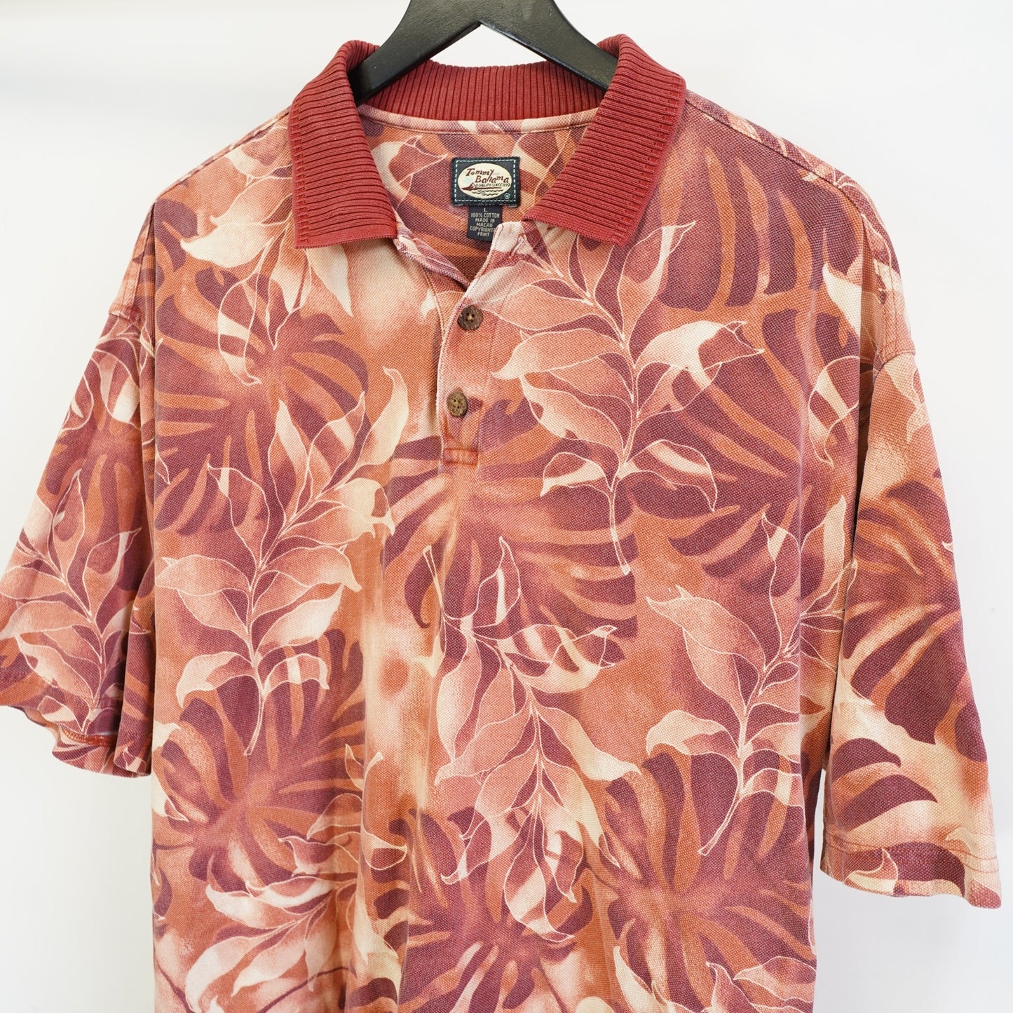 (L) Vintage Tommy Bahama Floral Hawaiian Polo Shirt Men's L Red Tropical Palm Tree