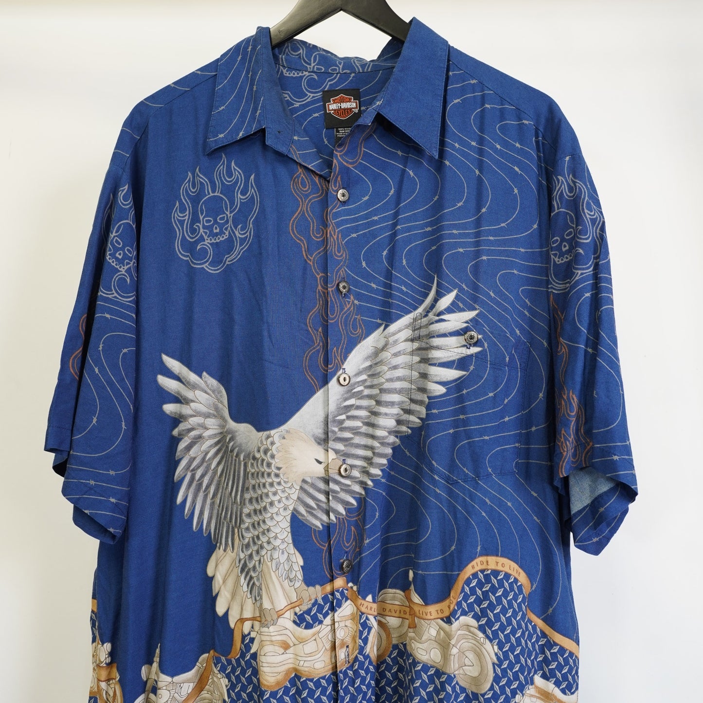 (XXL) Vintage Harley Davidson Screamin Eagle Hawaiian Shirt Men's XXL Blue Motorcycle