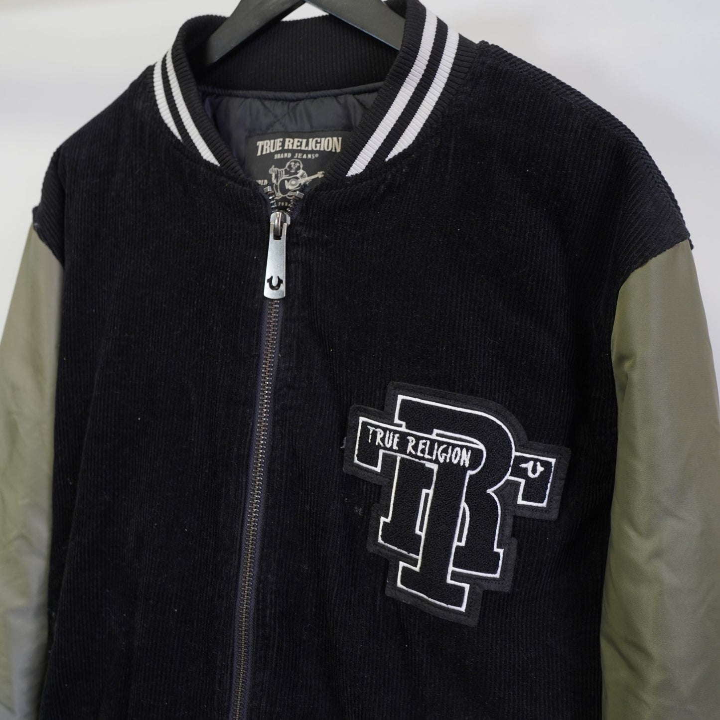 (XL) True Religion Corduroy Sewn Varsity Bomber Jacket Men's XL Olive Green Black