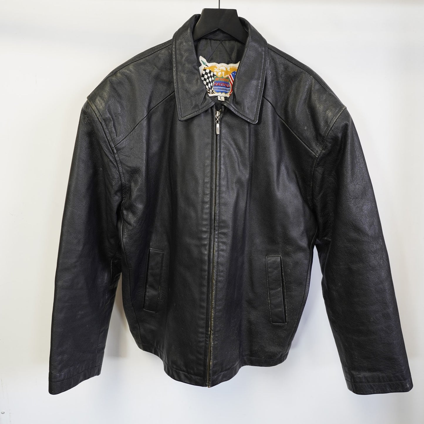 (L) Vintage Jeff Hamilton Black Genuine Leather Flight Bomber Racing Jacket Men's L