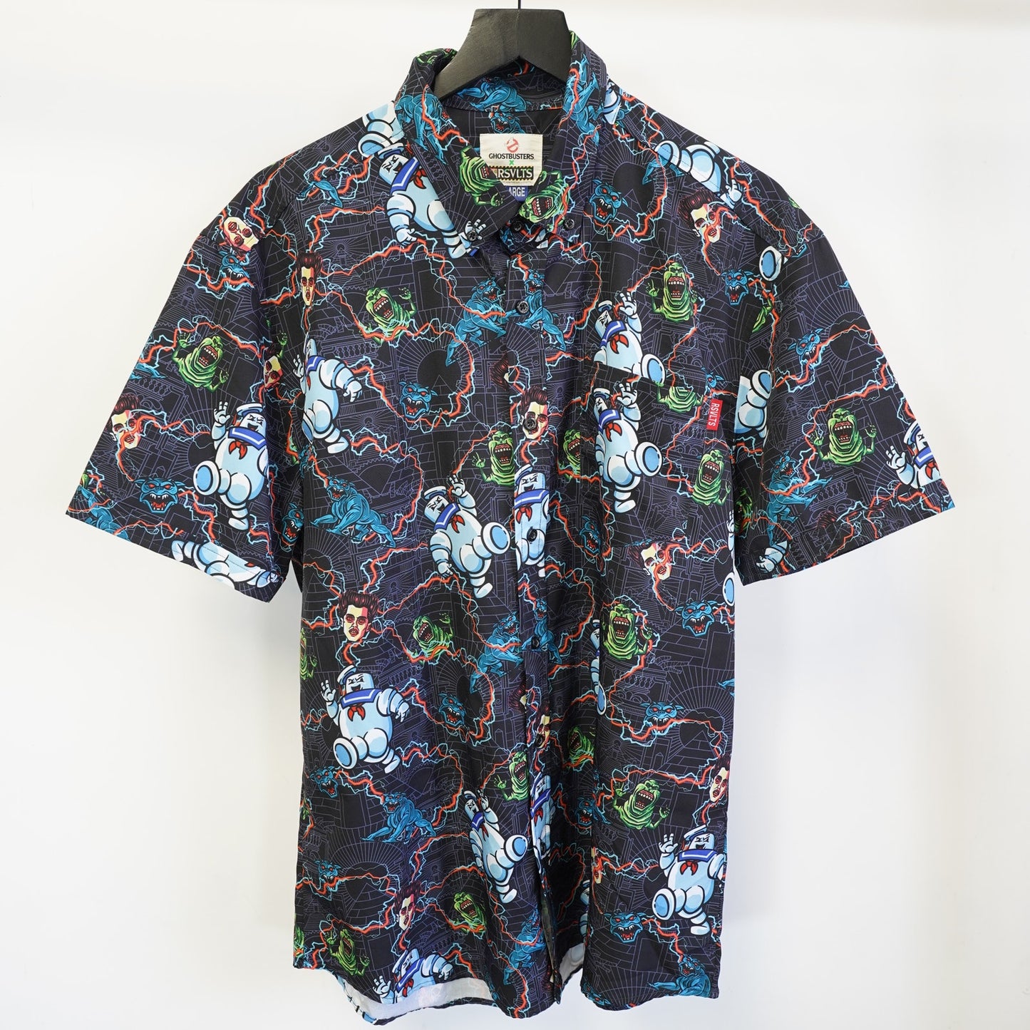 (XL) RSVLTS x Ghostbuster All Over Print Hawaiian Button Up Shirt Men's XL Black